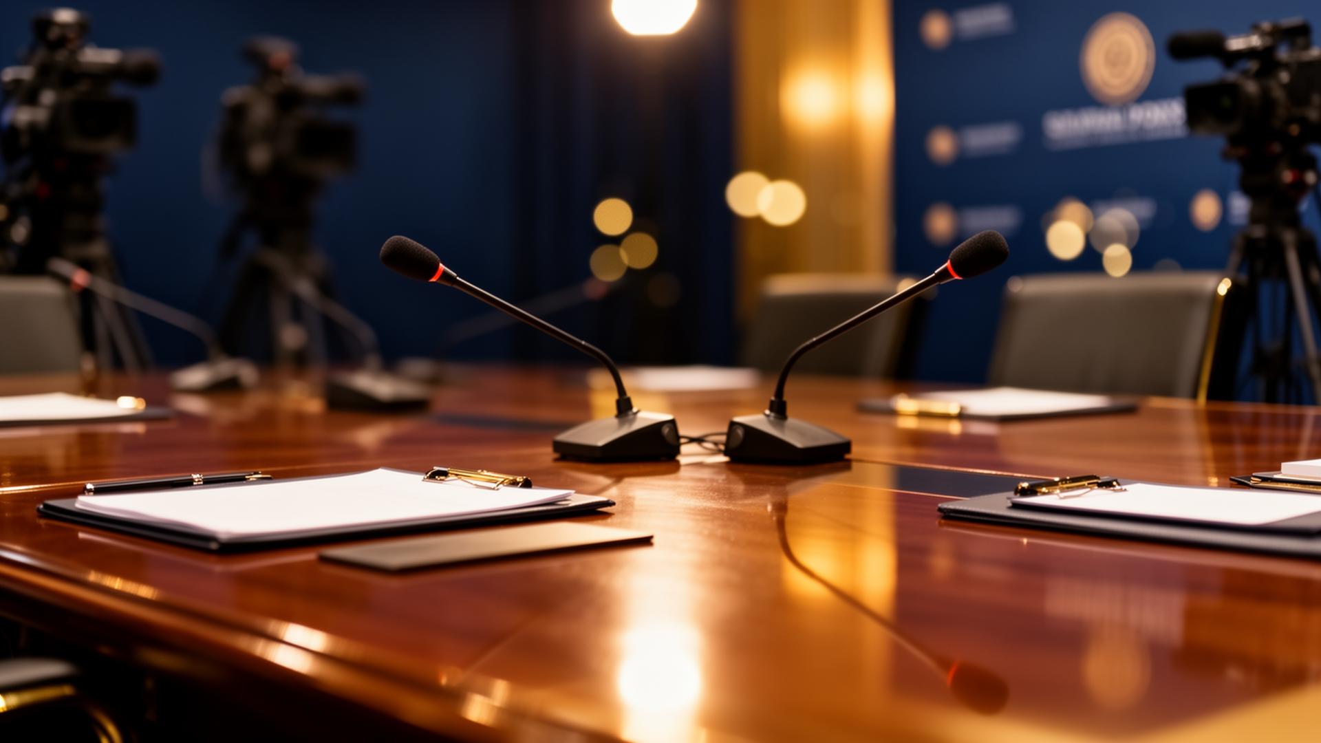 Press conference room with microphones